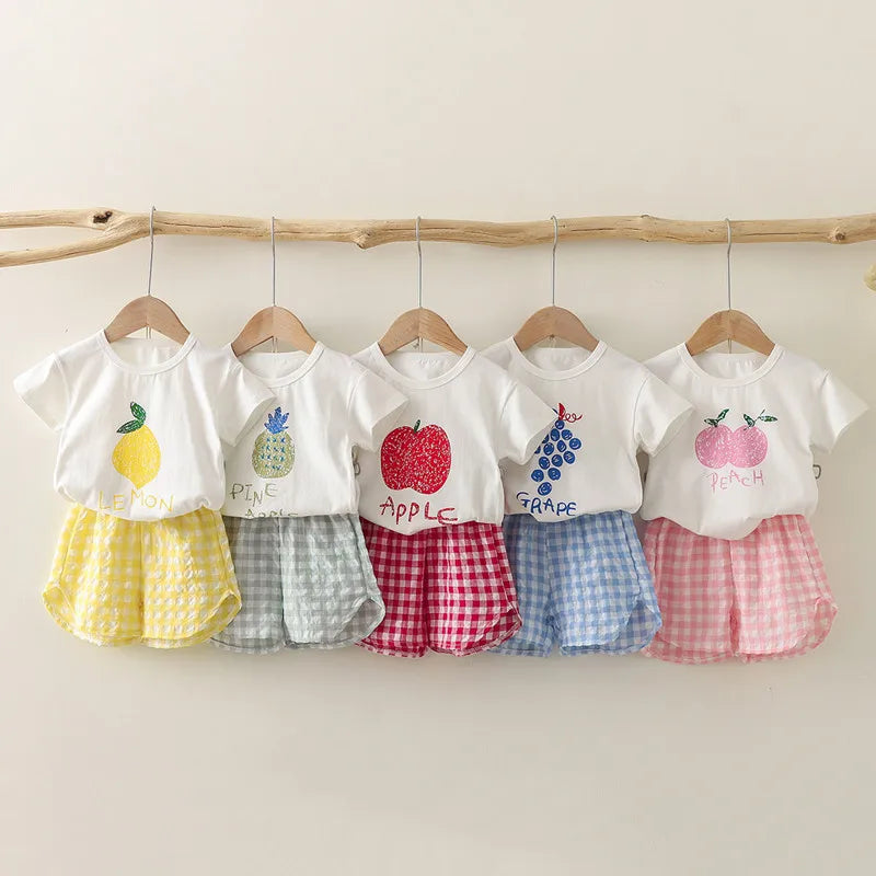 Children's Sets 2-piece Short-sleeved Round Neck Top+plaid Shorts Fruit Lemon Grape Cartoon Design Outer Wear Casual Summer