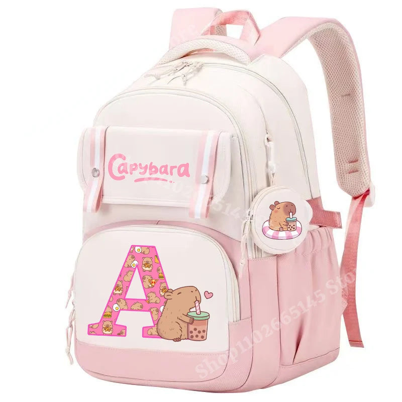 Capibara Cute Backpack Girl Anime Capybara Letter A-Z School Bags Kids Outdoor Sport Shoulders Bag Travel Rucksack Children Gift