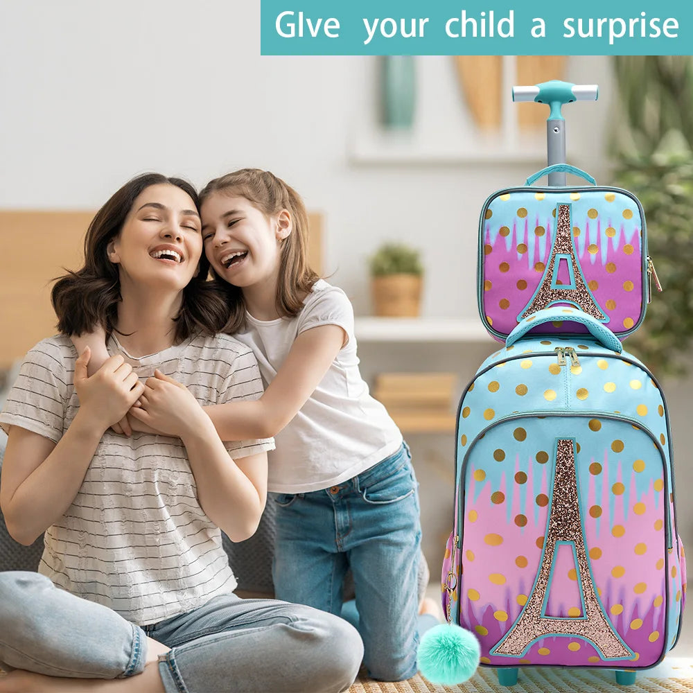 3PCS Rolling Backpack for Girls Kids  Wheeled School BookBag With Lunch And Pen Bag  Iron tower Pink  Glow-in-the-dark Function