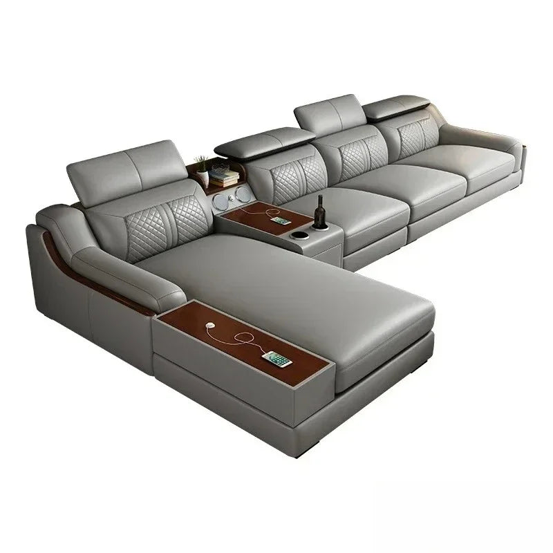 Stylish Italian Genuine Leather Sofa for Living Room with Cup Holder, USB, Adjustable Headrests & Bluetooth Speaker - Lazy Sofa
