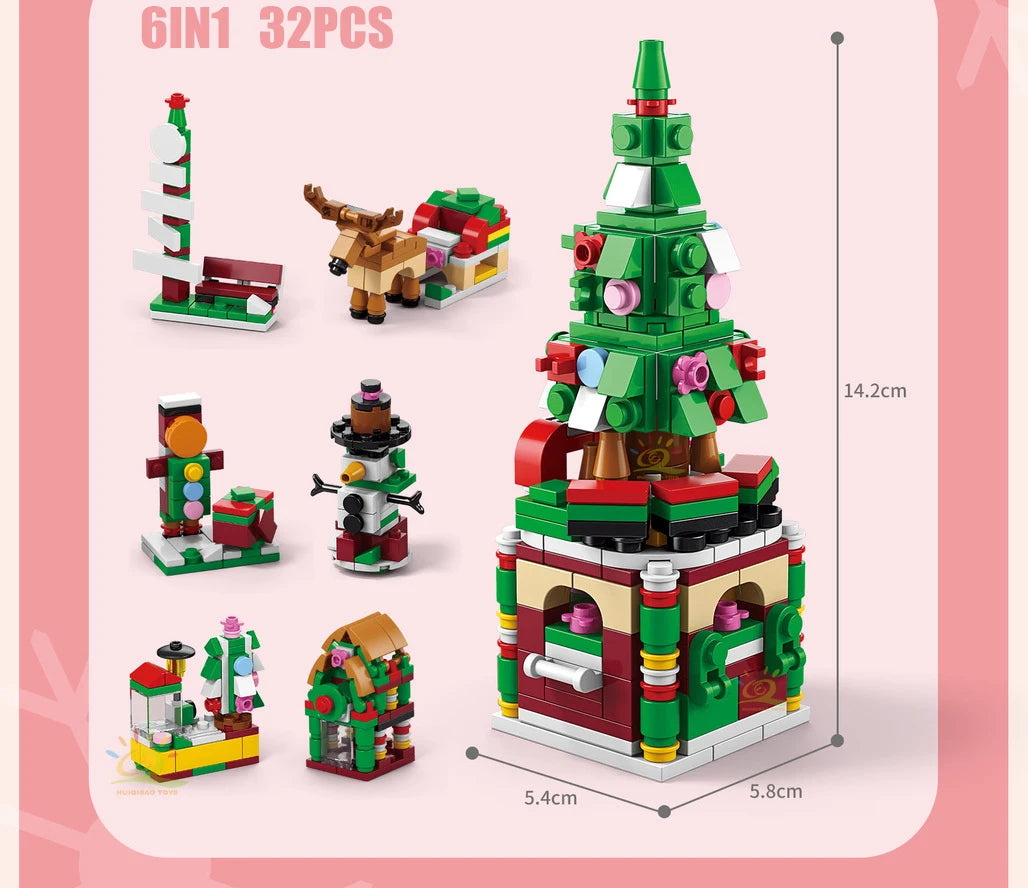 HUIQIBAO 6IN1 Christmas Elk Deer Santa Claus Building Blocks City Snow House Xmas Tree Bricks Set Toys for Children Kids Gift
