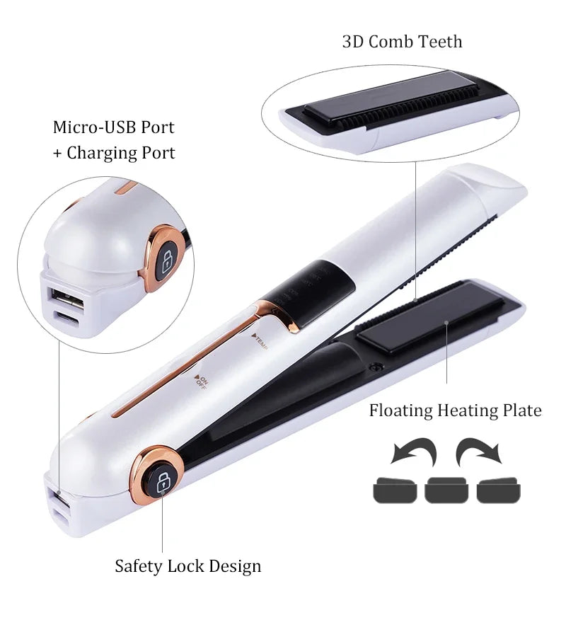 Portable Wireless Hair Straightener With Power Bank Function Rechargeable Hair Straightening Curling Flat Iron For Home Travel