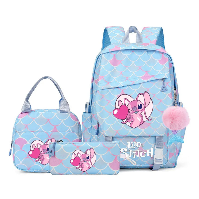3Pcs Backpack Set Lilo Stitch Girl Kid Student Schoolbags Double Shoulder Bag Travel Pen Lunch Bag Kawaii Bookbag Laptop Bag Set