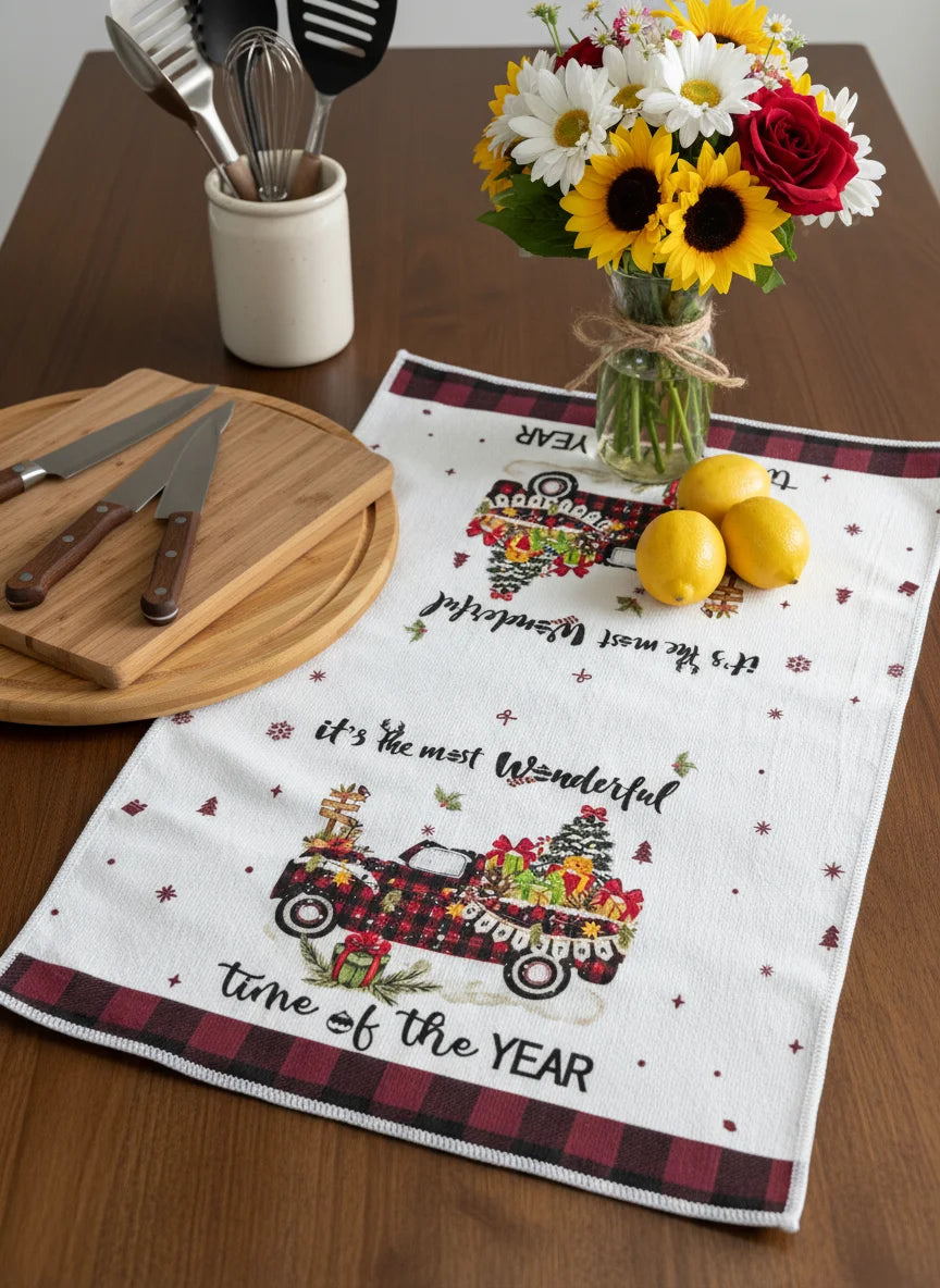 5Pcs Christmas Kitchen Towels and Dishcloth Absorbent Santa Snowman Truck Hand Dish Tea Towel Winter Holiday Decoration for Xmas