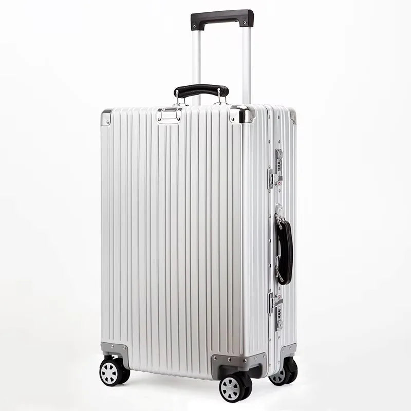 Top Quality Aluminum-Magnesium Alloy Vintage Suitcase, 20/24/26/29 Inch Lightweight Travel Trolley Luggage With Leather Handle