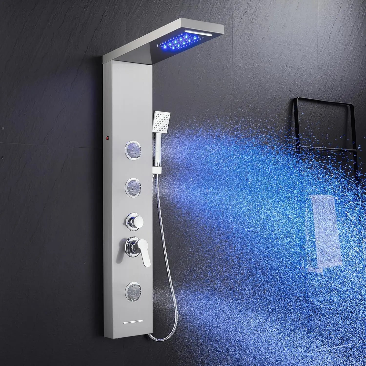 KEMAIDI LED Shower Panel Tower System with Rainfall Waterfall Shower Black Shower Panels with Jets and Rainfall and Handheld