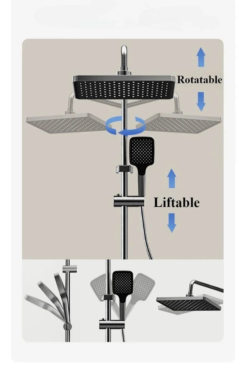 Smart Temperature Digital Display Shower Set Bathroom Wall Mounted Piano Key 4 Ways Water Outlet Rainlfall Shower Faucet System