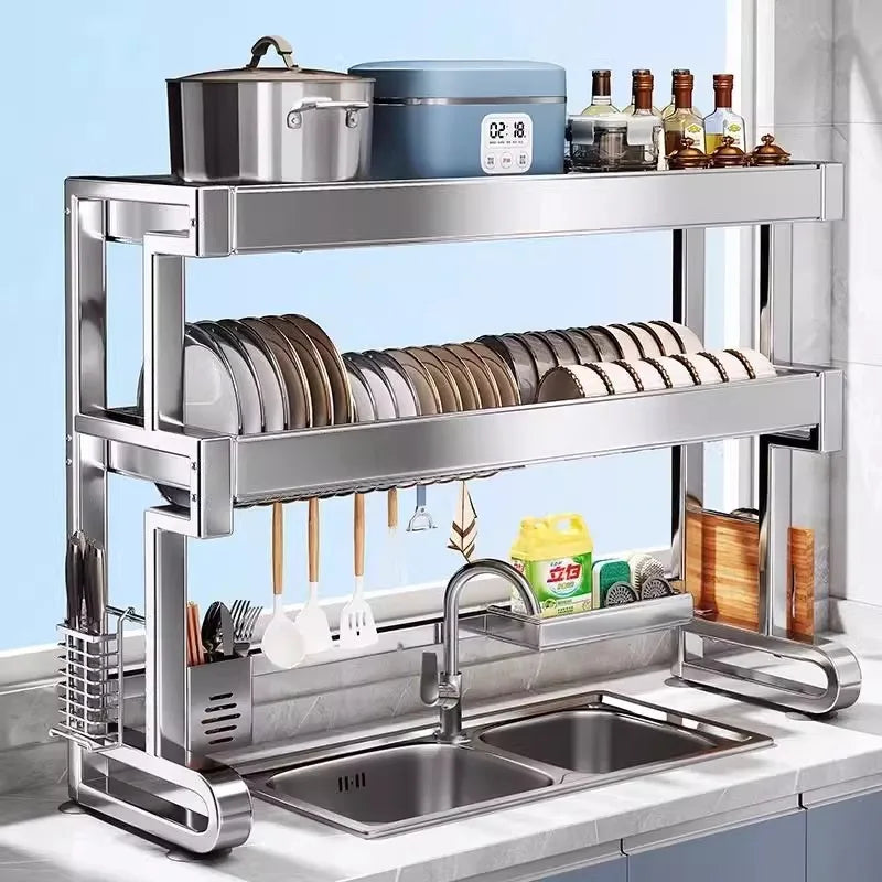 Over Sink Dish Drying Rack Stainless Steel Expandable Drain Bowl Holder Shelf Kitchen Counter Dish Storage Rack Hanger Shelves
