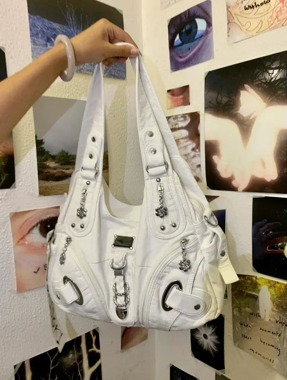 JIAERDI Vintage White Large Capacity Handbag Women High Street Leather Pocket Y2k Shoulder Bags Ladies Retro Purse Bagutte Bag