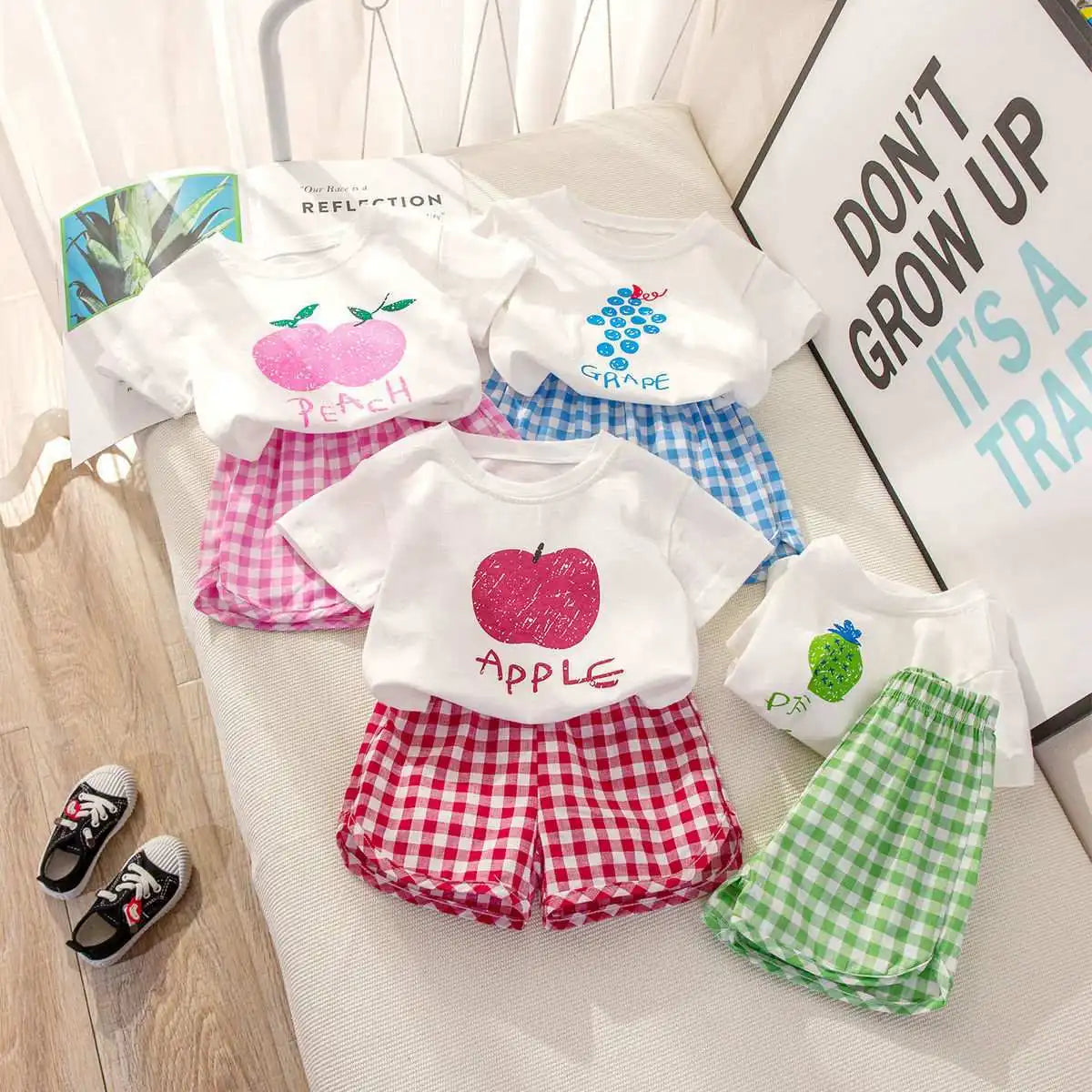 Children's Sets 2-piece Short-sleeved Round Neck Top+plaid Shorts Fruit Lemon Grape Cartoon Design Outer Wear Casual Summer