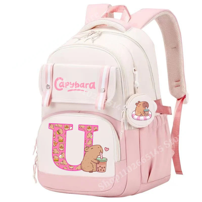 Capibara Cute Backpack Girl Anime Capybara Letter A-Z School Bags Kids Outdoor Sport Shoulders Bag Travel Rucksack Children Gift