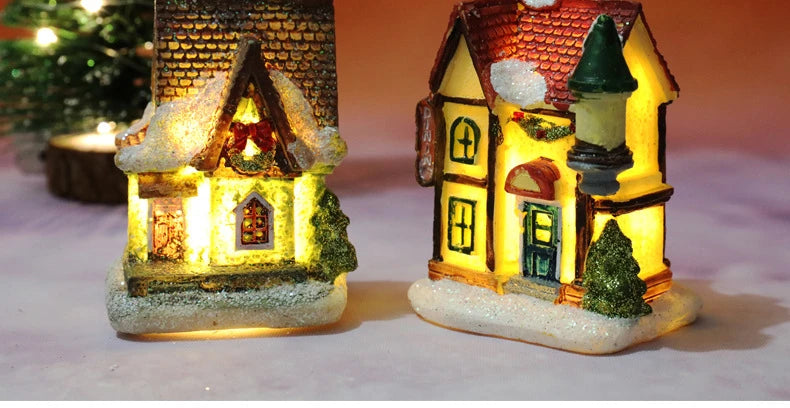 Christmas Decoration House LED Light Xmas Durable Ornaments Small Resin Mini House Miniature Village Building for Home Kids Gift