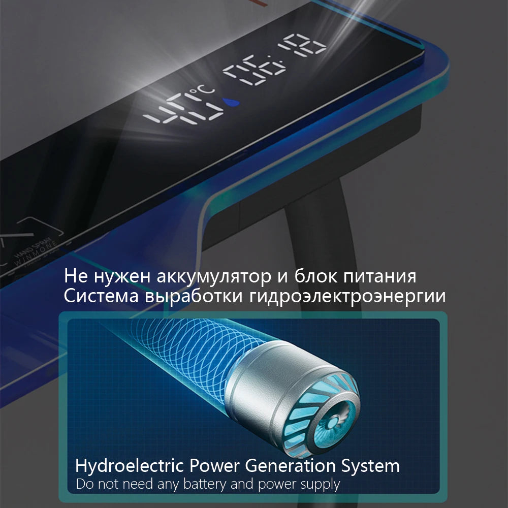 Ambient Light Bathroom Shower Full Set Wall Mount Bathtub Mixer Rain Digital Display Black Shower System Waterfall Shower Faucet