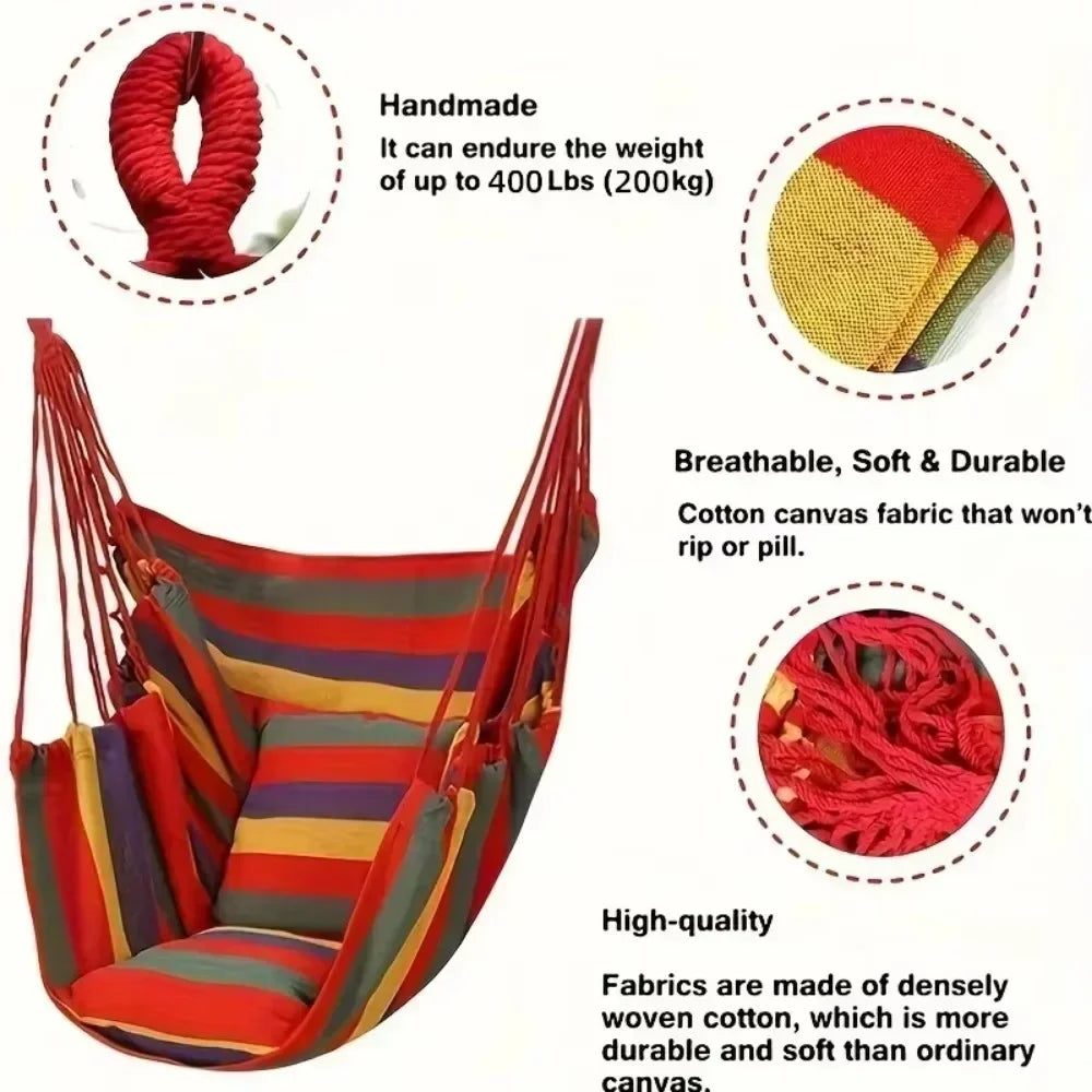 200KG Capacity Stripes Canvas Hammock Chair Thick for Garden Swing Seat Patio Camping Beach Dormitory Leisure with Storage Bag