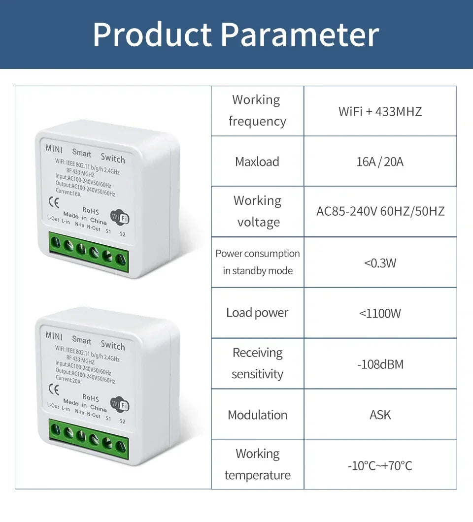 Tuya WiFi Smart Switch 16A RF 433Mhz Wireless Remote Control Push Button Switch Voice Control With Alexa Google Assistant Alice