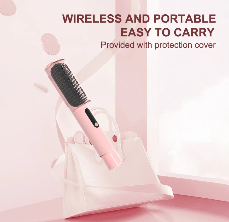 LED Hair Straightener Brush - Cordless Hot Air Styling Comb w/ Ceramic Ion Tech, Adjustable Temp & USB-C Fast Charge