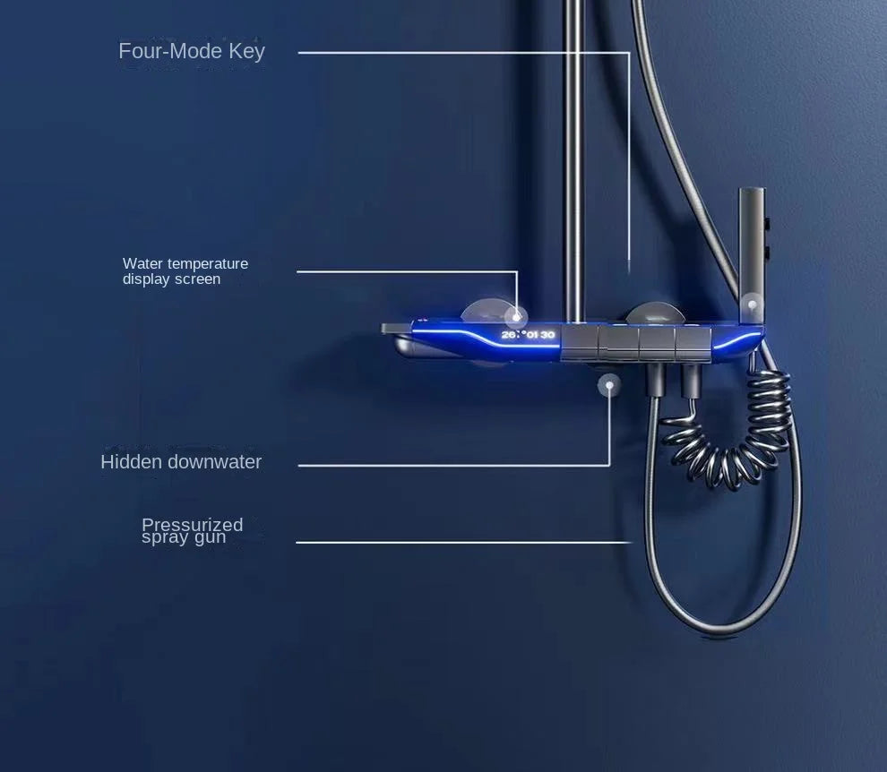 Luxury Wall Mounted Smart Button Digital Display Shower Set Thermostat System Glass Countertop Bathroom Brass Rain Shower Set