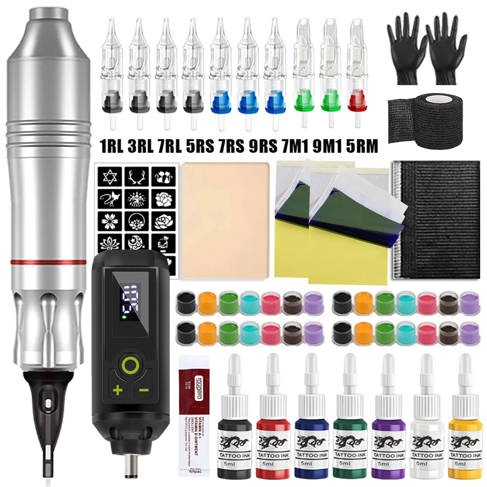Professional Wireless Tattoo Machine Kit Rotary Tattoo Pen Kit with Wireless Power Supply Inks Needles for Tattoo Beginners Kits