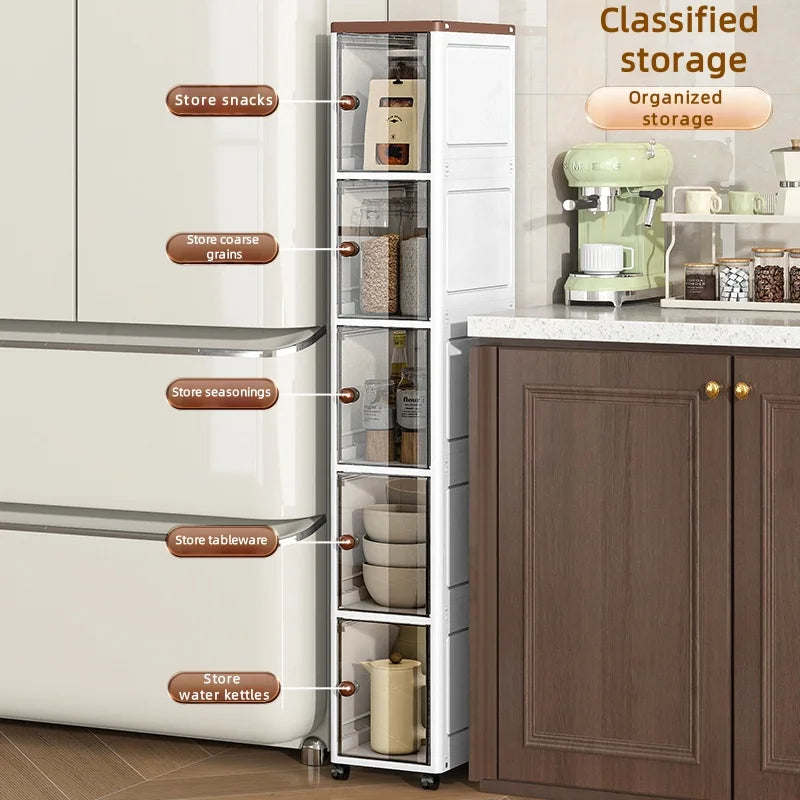 The transparent storage cabinet with wheels in the gap saves space in the kitchen and living room for storing snacks