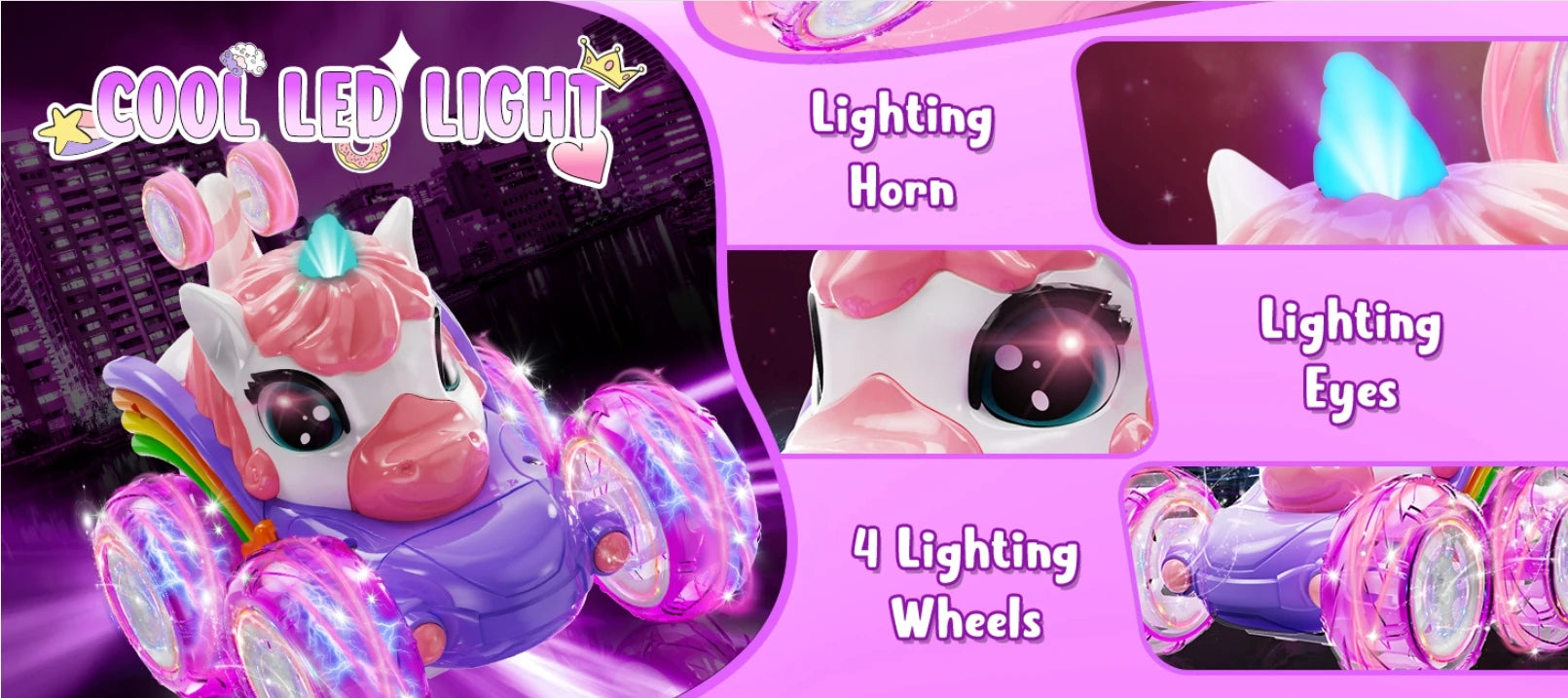 Unicorn Remote Control Car for Girls, 360° Rotating 4WD Stunt RC Cars with Cute Lights, Rechargeable Toys-Kid Birthday Gifts