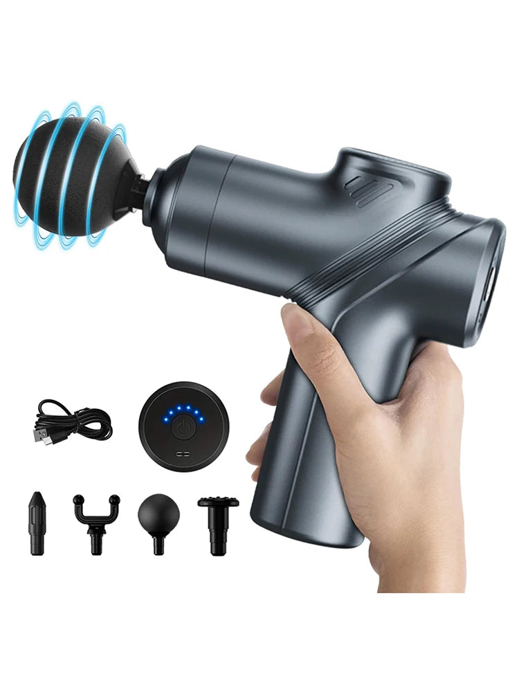 Deep Tissue Mini Massage Gun Muscle Percussion Massager for Athletes 4 Massages Head and 6 Speeds Grey