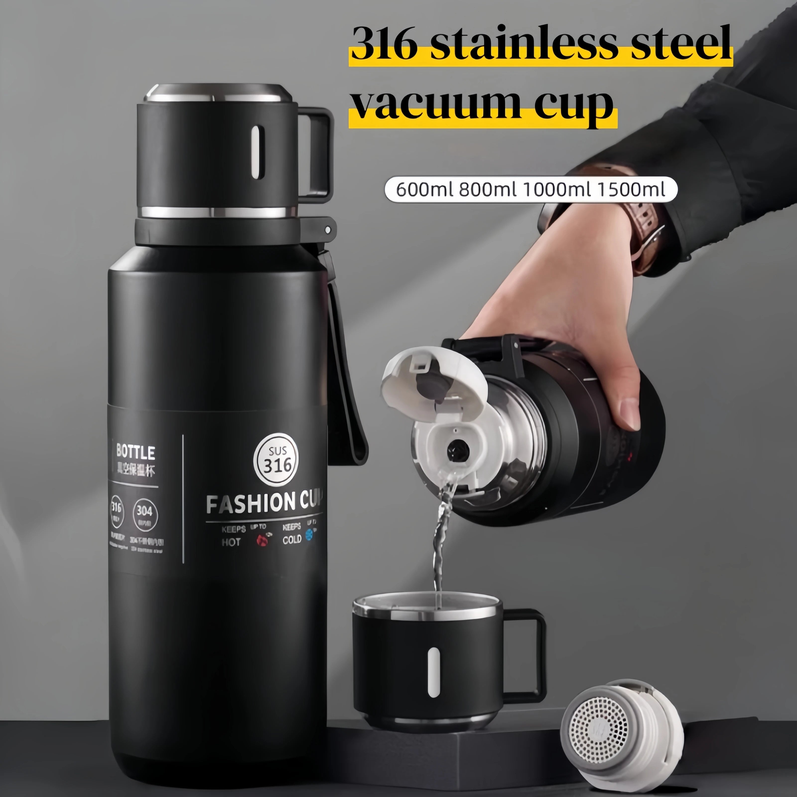 600-1500ml 316 Stainless Steel Vacuum Flasks Insulated Water Bottle Keep Cold and Hot Thermos Bottle for Coffee Tea Thermal Mug