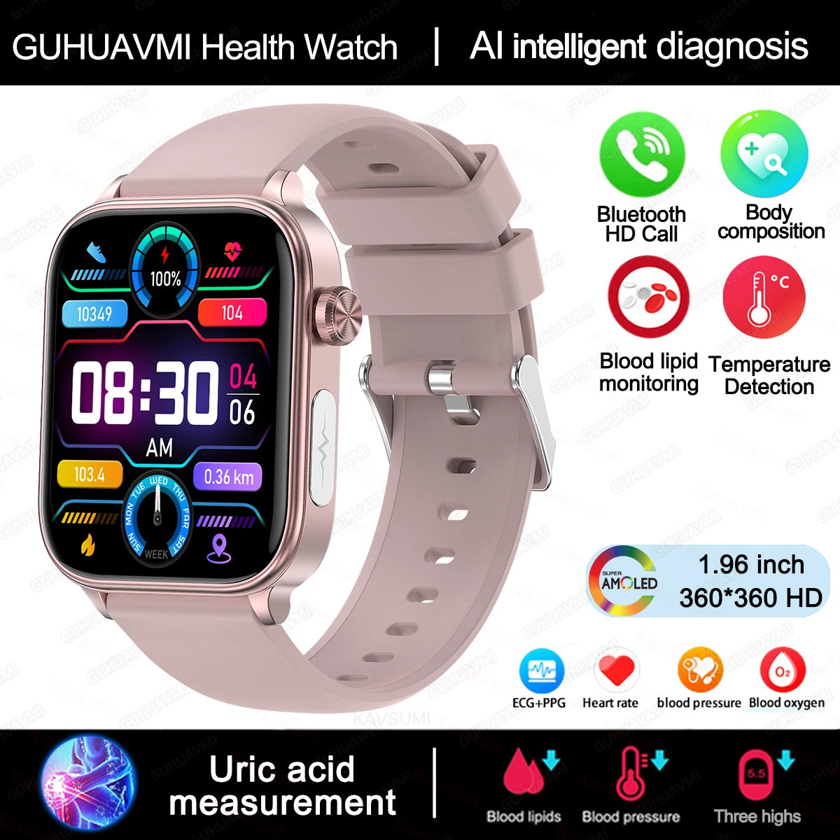 2025New Al Medical Diagnosis Blood Lpids Uric Acid Blood Glucose Smart Watch Men ECG+PPG Voice Bluetooth Call Health Smartwatch