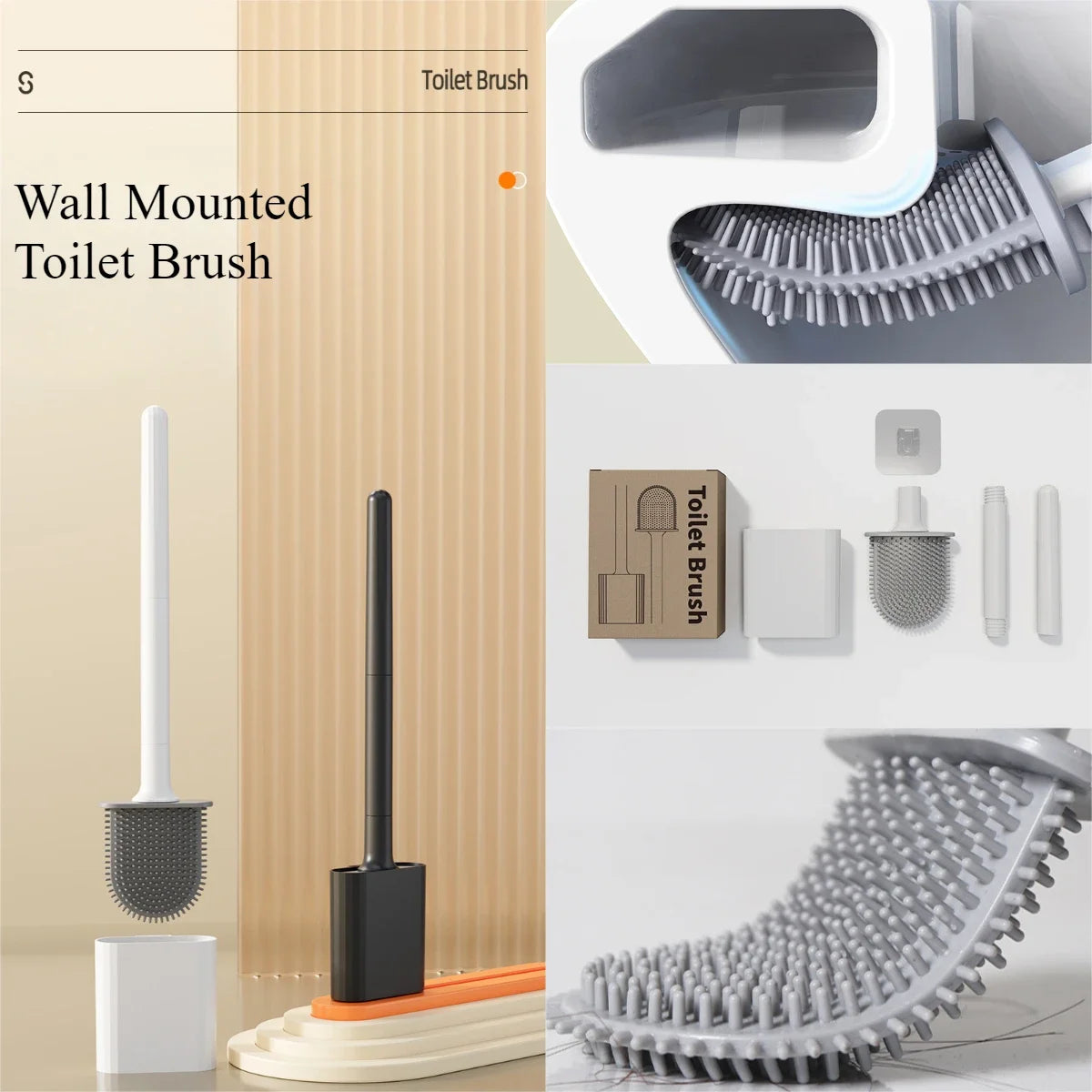 Flexible Silicone Toilet Brush Water Leak Proof with Base and Hook Wall Mounted Toilet Brush Household Bathroom Cleaner