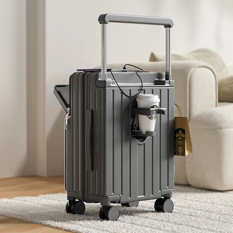Travel Luggage Wide Tie Rod Suitcase Front Opening Laptop Boarding Case USB Charging 20"22"24"26 Inch Trolley Case with Wheels