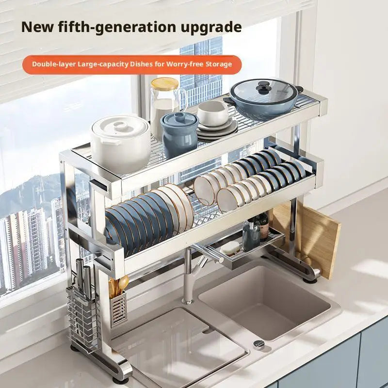 Over Sink Dish Drying Rack Stainless Steel Expandable Drain Bowl Holder Shelf Kitchen Counter Dish Storage Rack Hanger Shelves