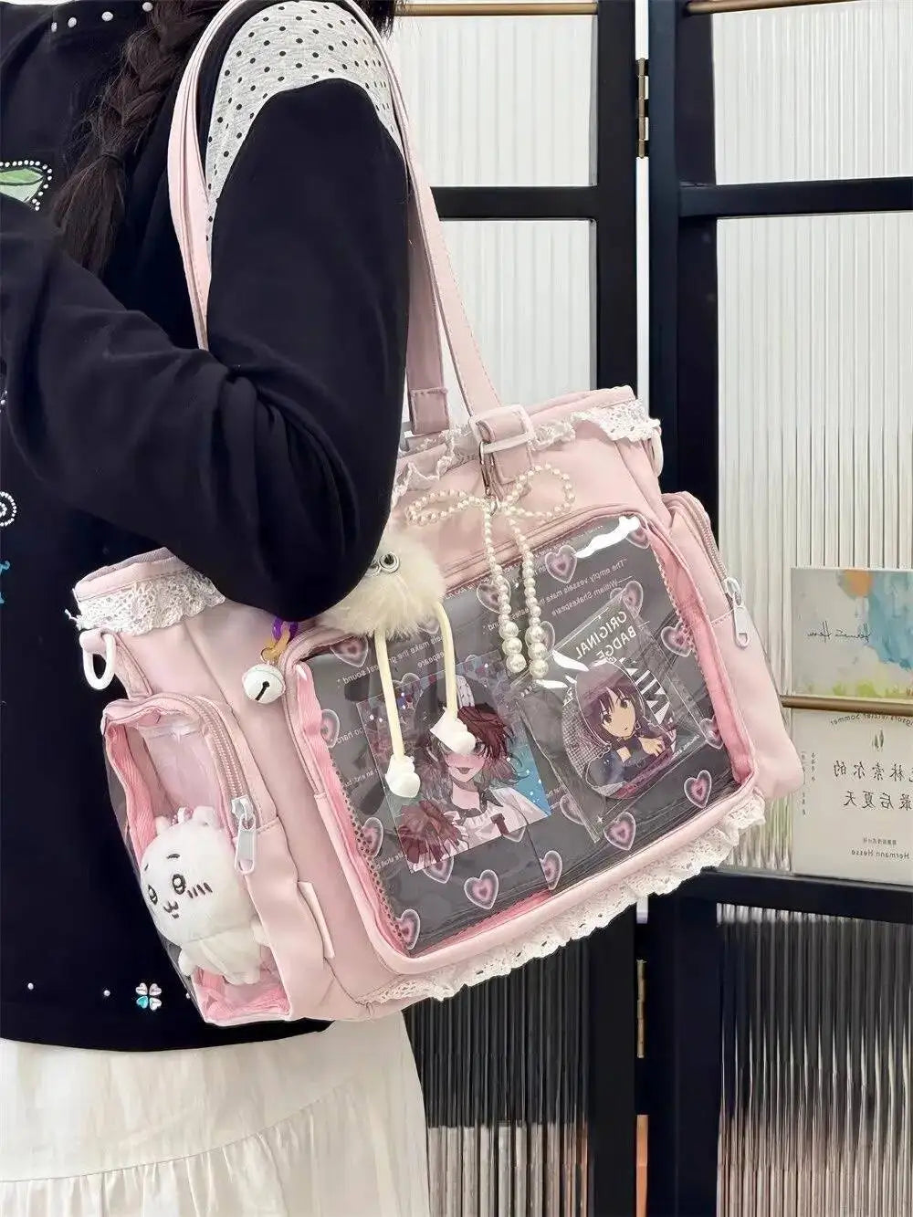 New Y2K Cute Japanese Ita Bag Lolita Girl Transparent Shoulder Tote Bag Large Capacity Crossbody Casual Bag DIY Display Handbags
