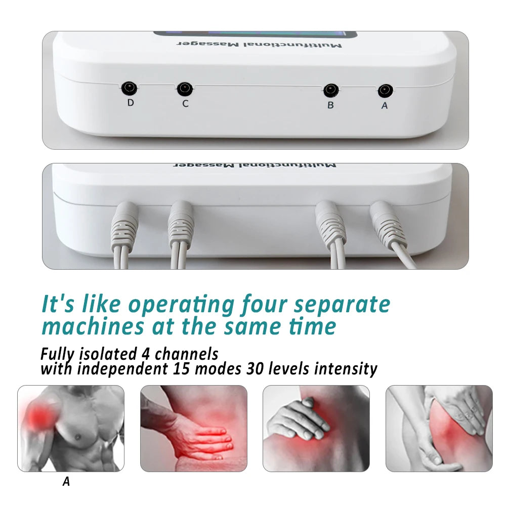 Electric 30 Levels Physiotherapy Machine 4 Output TENS Multifunctional Massager EMS Vibration Nerve Stimulator Relax 8pcs Pads