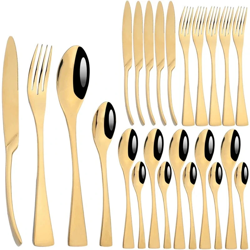 24Pcs/Set  Cutlery Sets 304 Stainless Steel mirror Tableware Knife Forks Spoons Silverware Dinnerware Kitchen Flatware Gift Box
