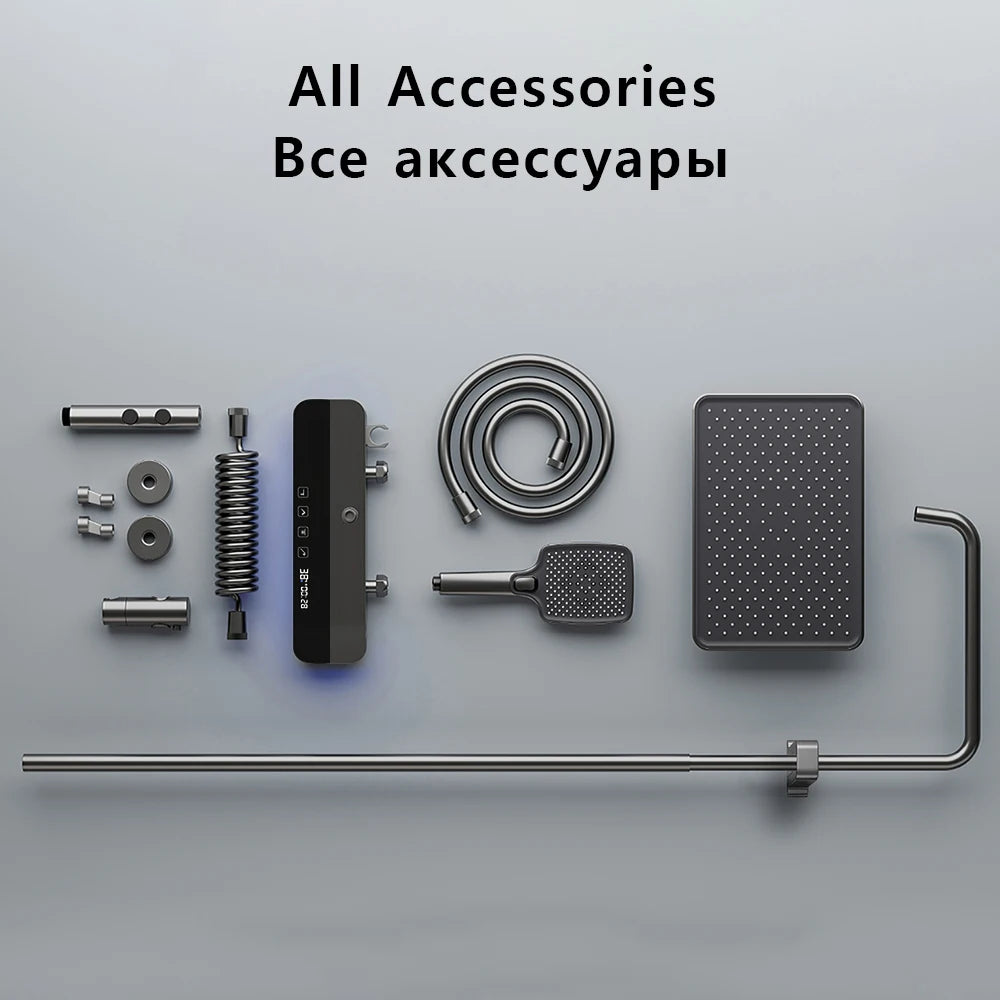 Modern Bathroom Faucet Set Wall Mounted LED Display Rain Shower System Bathtub Hot and Cold Mixer Crane Gun Gray Shower Full Set