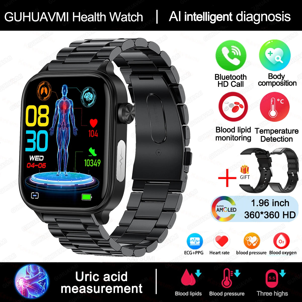 2025New Al Medical Diagnosis Blood Lpids Uric Acid Blood Glucose Smart Watch Men ECG+PPG Voice Bluetooth Call Health Smartwatch