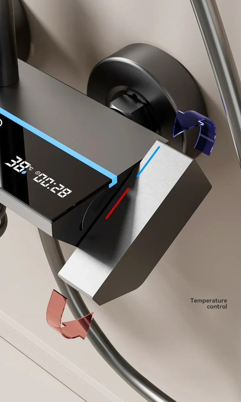 Grey Intelligent Digital Shower System Wall Mounted Bathroom Shower Faucet Set Temperature Display Rainfall Bathroom Shower Set