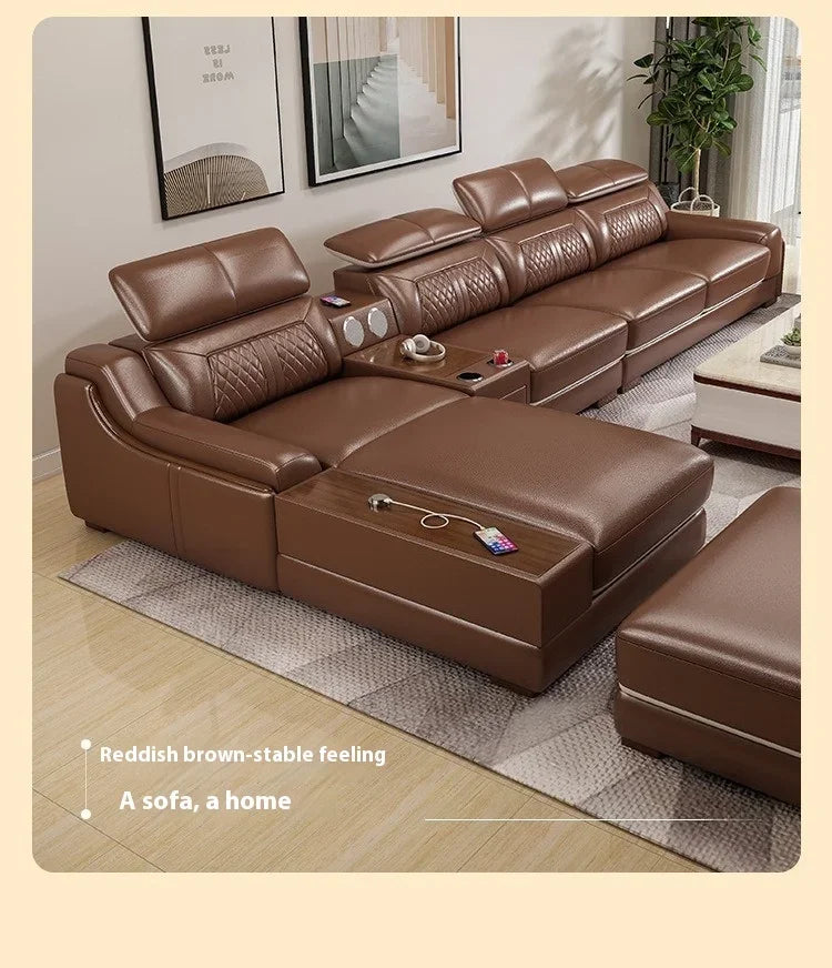 Stylish Italian Genuine Leather Sofa for Living Room with Cup Holder, USB, Adjustable Headrests & Bluetooth Speaker - Lazy Sofa