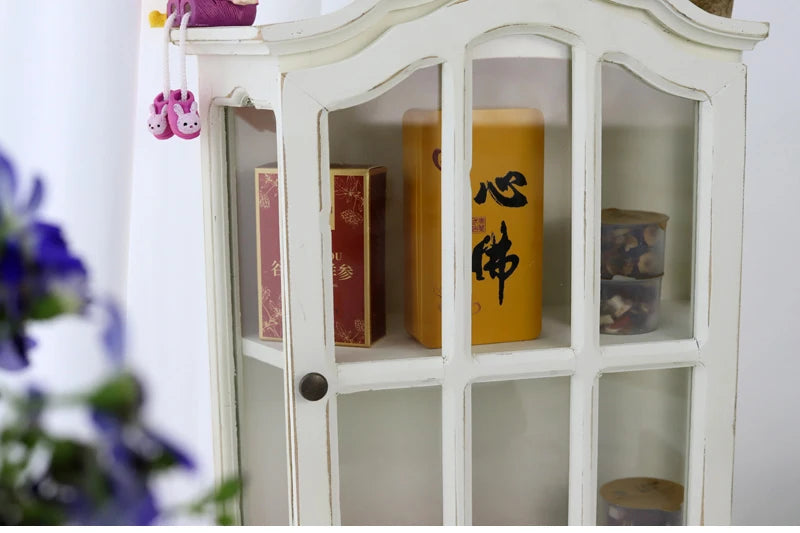 ‌Rustic Farmhouse Display Cabinet with Glass Doors Distressed White Solid Wood Storage Organizer for Kitchen/Office Vintage