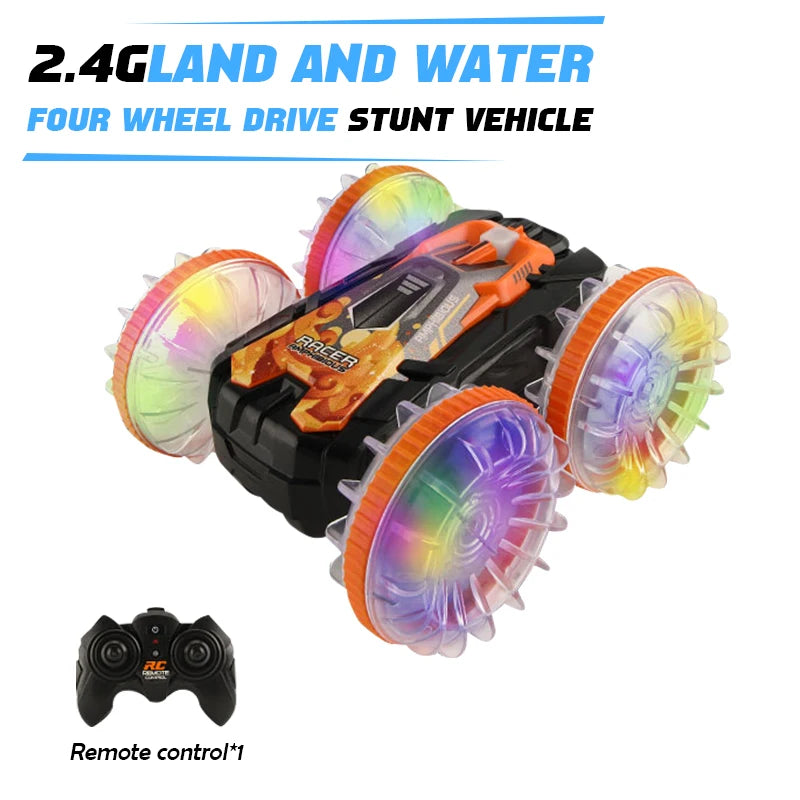 New LED Amphibious RC car Dual remote control waterproof stunt car double side flip drift drive 360 ° rotation rc cars Kids toy