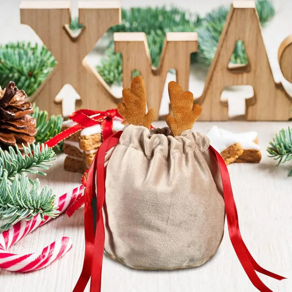 5/10 Christmas Reindeer Drawstring Gift Bag, Reusable Velvet Santa Claus Candy Gift Bag, Party Gift Decoration