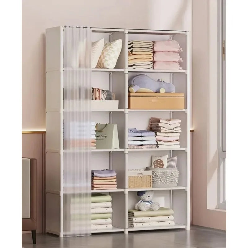 Multi-layer Storage Rack Portable Clothes Organizer Cabinet Dustproof Wardrobe Storage Cabinet Multifunctional with Curtains