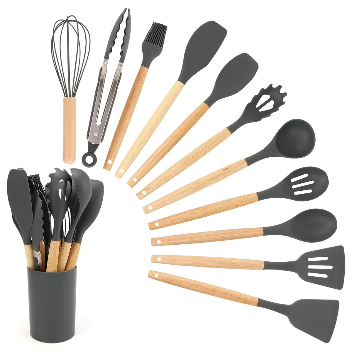 12Pcs Silicone Kitchen Utensils Spatula Shovel Soup Spoon Cooking Tool with Storage Bucket Non-Stick Wood Handle Kitchen Gadgets