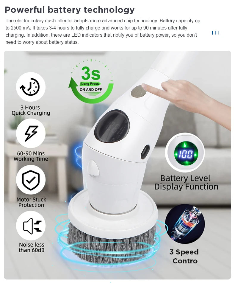 Electric Spin Scrubber 8 in 1 Cordless Cleaning Brush with Type C USB Port 3 Adjustable Speed LED Display For Bathroom Tub Tile
