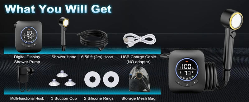 Camping Shower 3.6V 8000mAh IPX8 Rainproof  Portable Power Supply for Outdoors Rechargeable Camp Shower Outdoor Shower