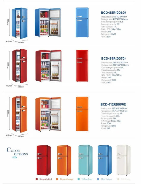 Double Door Refrigeration Freezing Mini Small Medium Silent Energy-saving Retro Refrigerators with Handle for Office Home Hotel