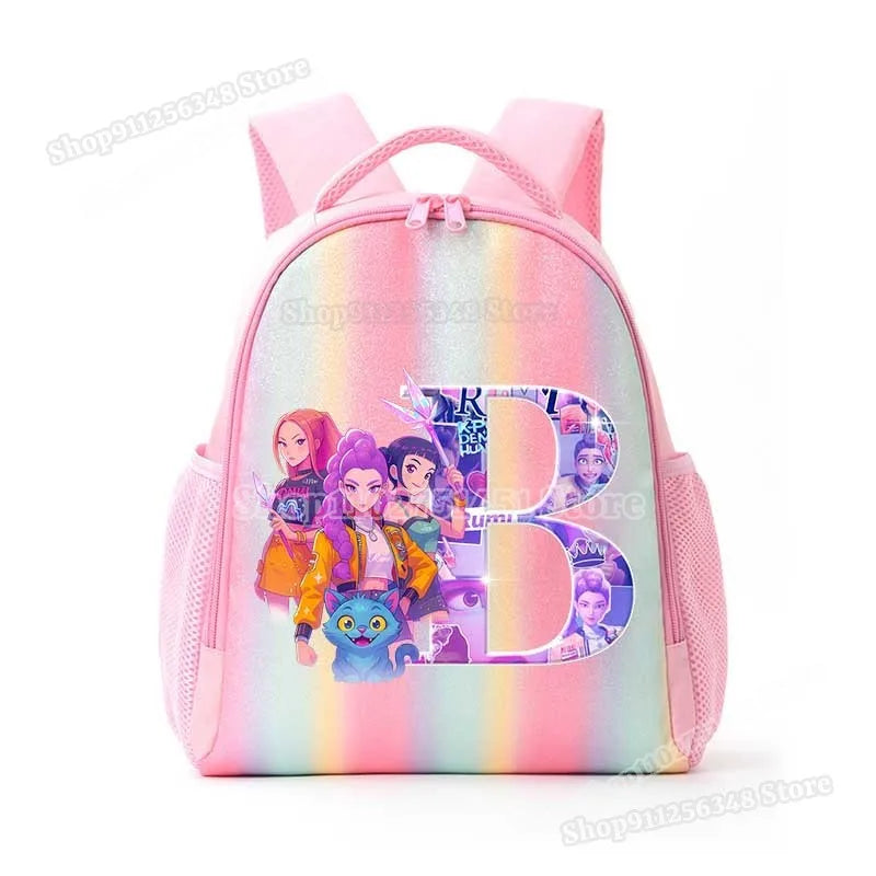 Anime K-pop Demon Hunters Letter A-Z Print Kids Backpack Girls Lightweight Casual School Back Pack Rainbow Color Mochilas Gifts
