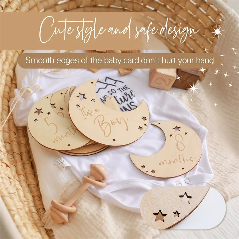 Baby Wooden Memorial Monthly Cards Moon Shape Monthly Newborn Engraved Age Photography Props Accessories Baby Birthing Gift