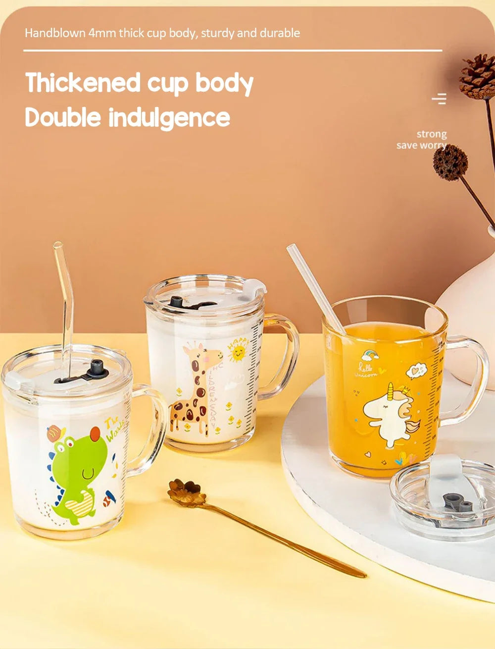 350ml Cute Unicorn Children Milk Cup With Scale Transparent Breakfast Cup With Straw Lid Cartoon Glass Cup For Kids Drinkware