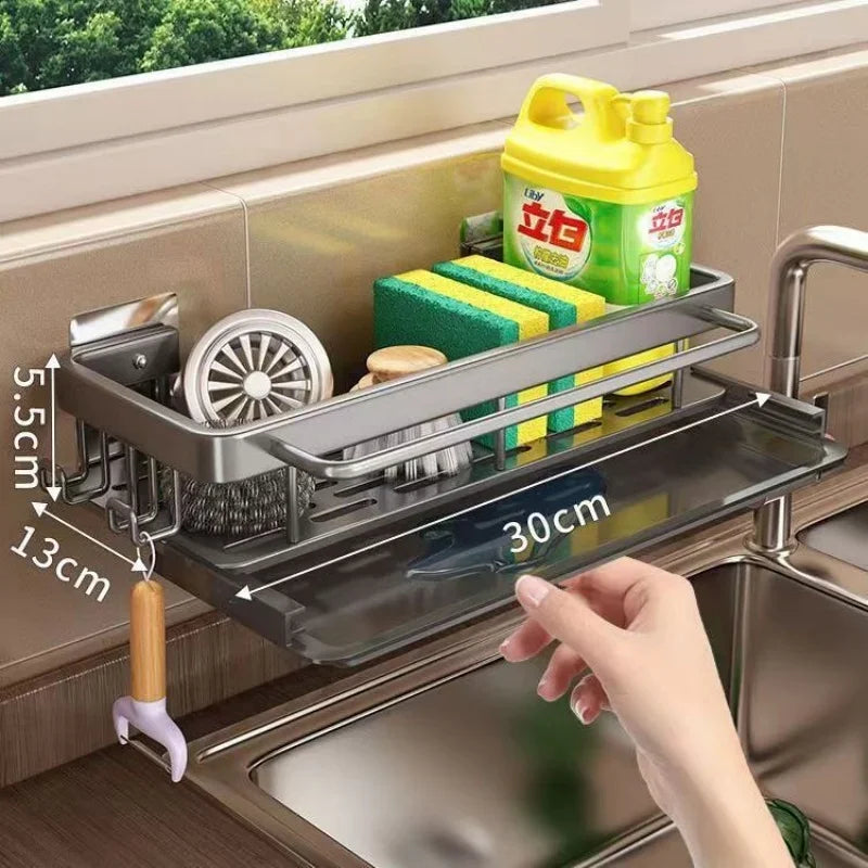 Aluminum Kitchen Storage Rack No-drill Sink Drain Rack Self-draining Sink Shelf Sponge Holder Dishcloth Towel Rack Filter Basket
