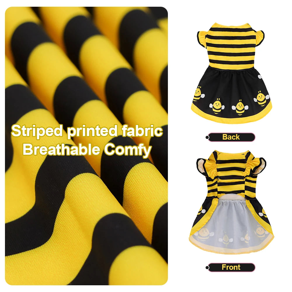 Dog Dress Cute Bee, Pet Bee Costumes, Yellow Cartoon Bumble Bee Stripes Dog Kitten Cat Puppy Pet Apparel for Party Halloween